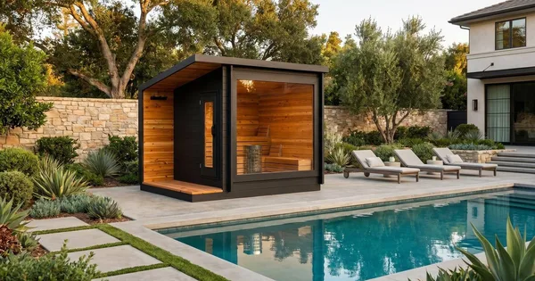 Outdoor cabin sauna beside a pool